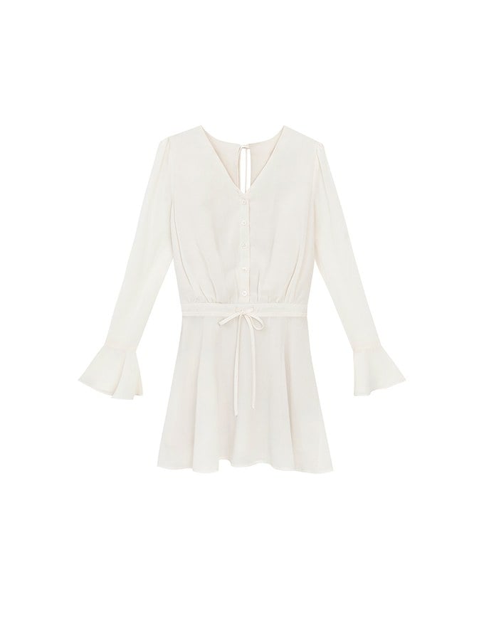 Drawstring Waist V Neck Flare Sleeve Mini Dress with Backless Bow Tie Detail