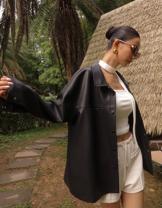 Classic Collar Faux Leather Snap Button Oversized Jacket