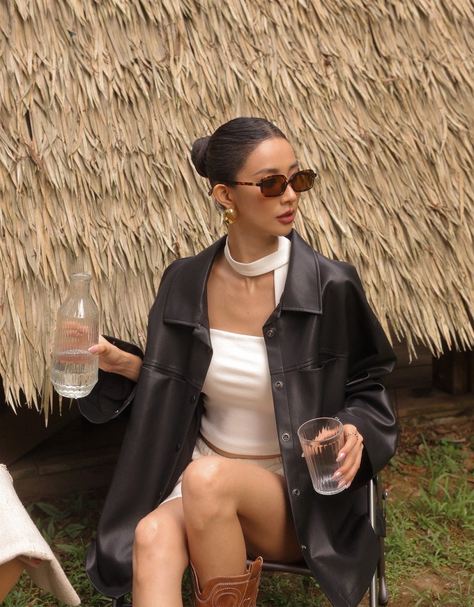 Classic Collar Faux Leather Snap Button Oversized Jacket