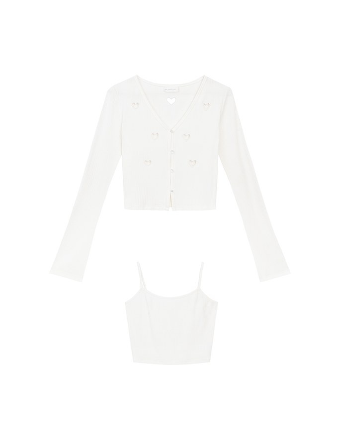 Heart Cutout Buttoned Knit Cardigan and Spaghetti Strap Crop Camisole Set Wear