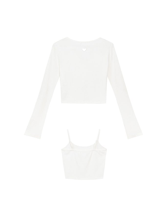 Heart Cutout Buttoned Knit Cardigan and Spaghetti Strap Crop Camisole Set Wear