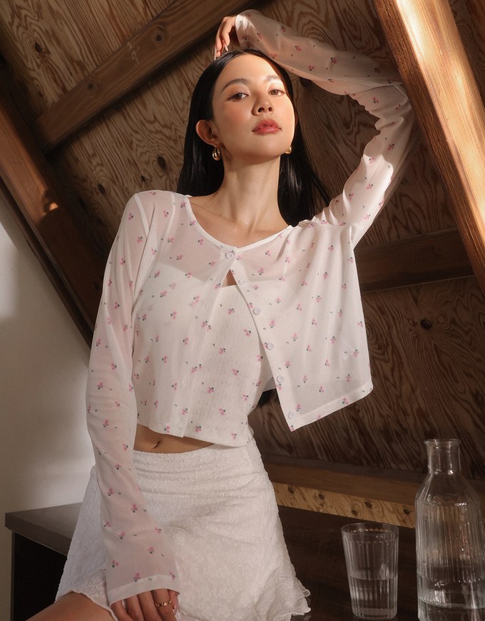Sheer Mesh Long Sleeve Cardigan with Matching Floral Print Padded Crop Cami Top Set Wear