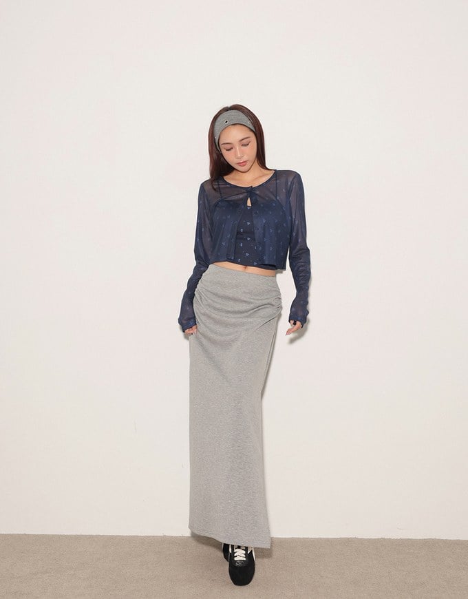 Sheer Mesh Long Sleeve Cardigan with Matching Floral Print Padded Crop Cami Top Set Wear