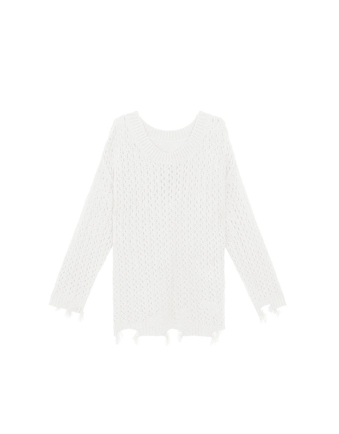 Distressed Hem Open Knit Pullover Sweater
