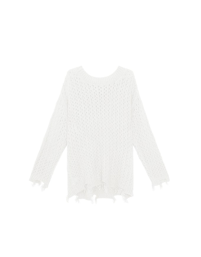 Distressed Hem Open Knit Pullover Sweater
