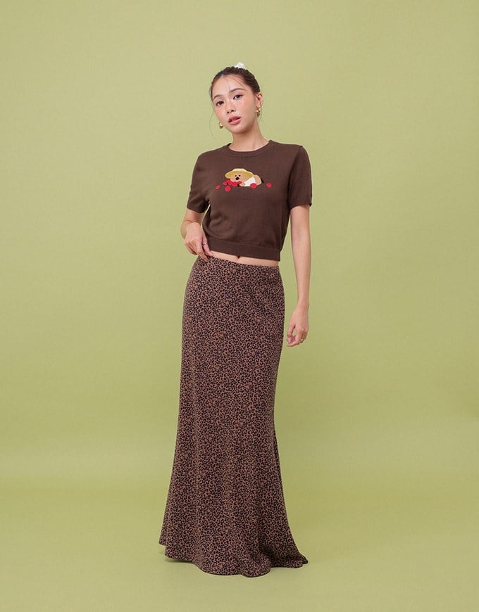 【DINOTAENG】Graphic Short Sleeve Knit Crop Top