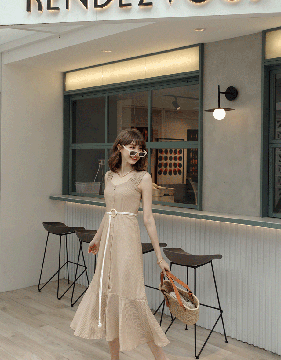 2WAY Striped Buttoned Splice Maxi Dress (With Belt)
