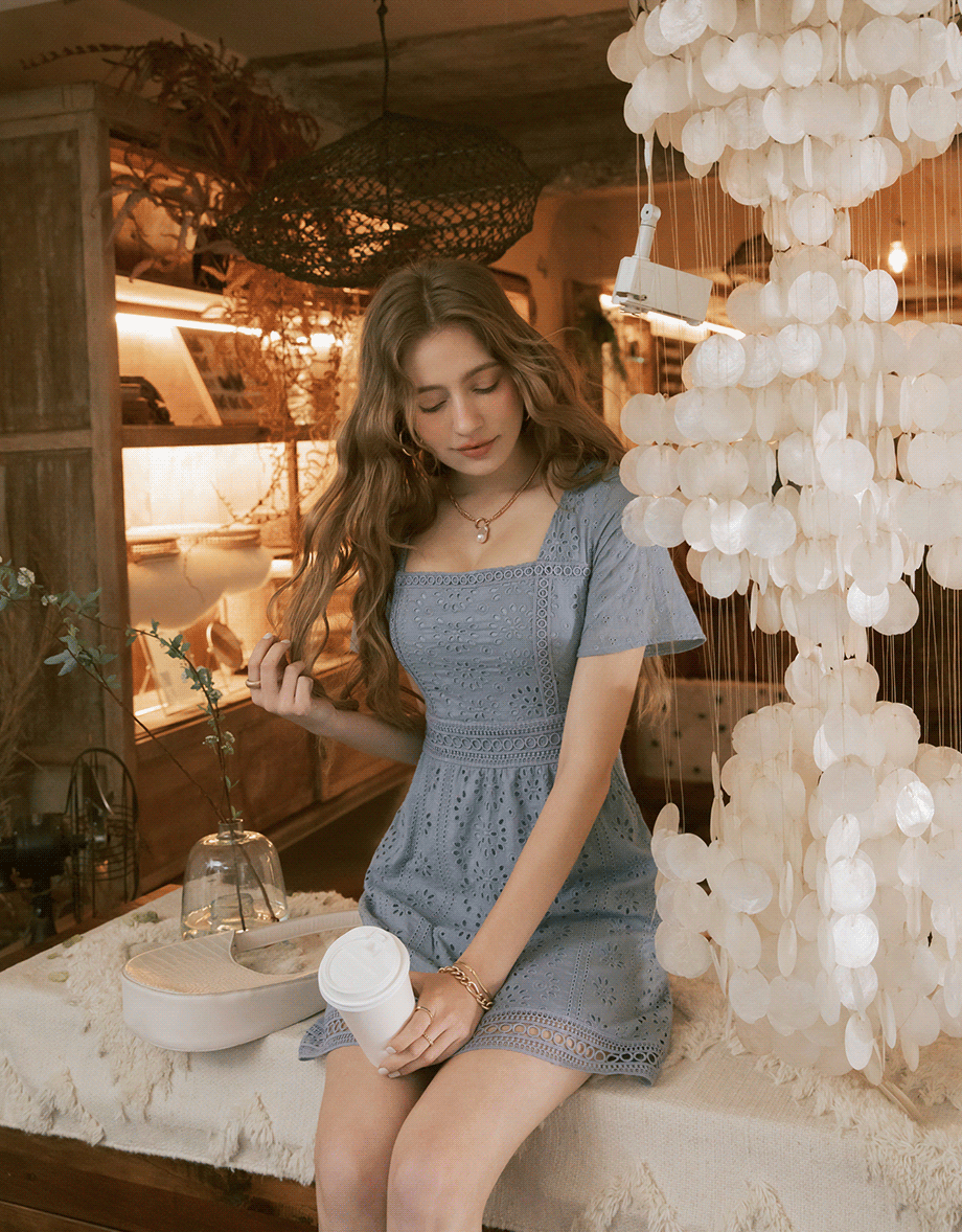 Embroidered Square Neck Lace Mini Dress