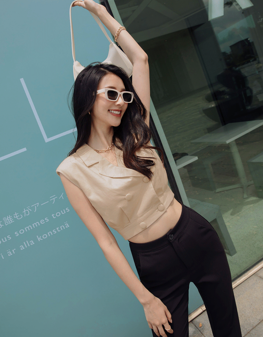 Smart Casual Cotton Linen Suit Collar Crop Top (With Shoulder Pads)