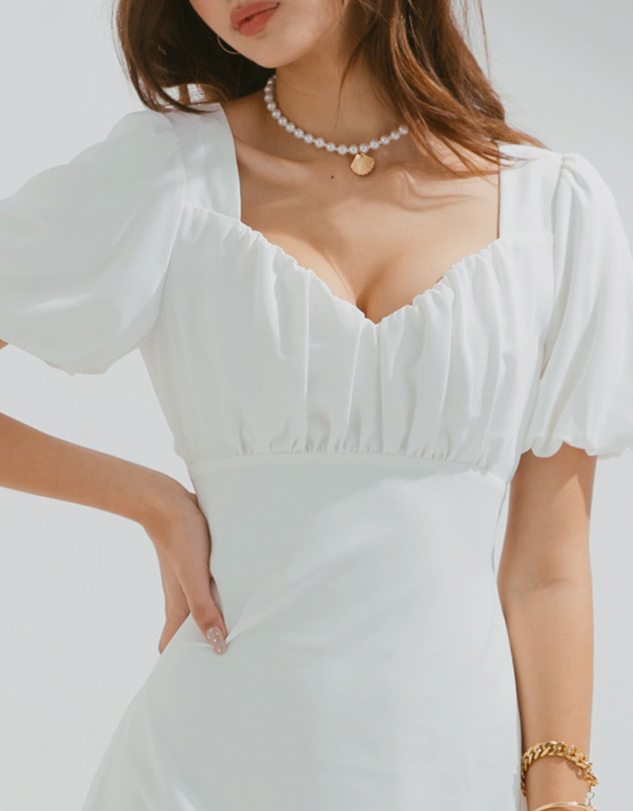 Vigorous Back-Slit Tie-Strap Hollow Waist Puff Sleeve Mini Dress