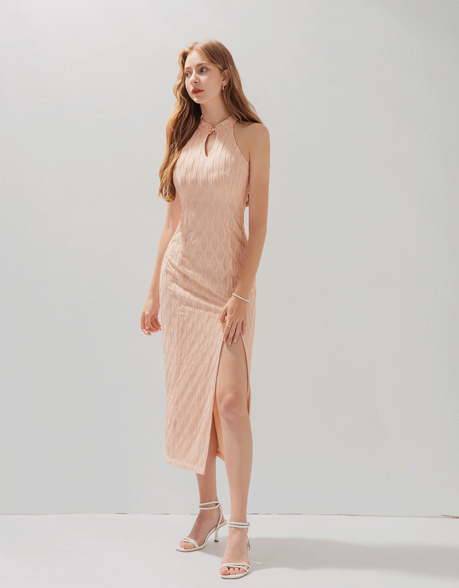 Qipao DRESS Mermaid Fabric Halter Neck Cheongsam Maxi Midi Dress