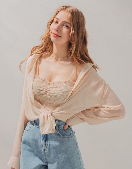 Smocked Cami Top & Semi-Sheer Blouse Shirt Set Wear