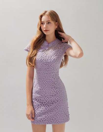 Qipao DRESS With Side Slit Lace Mini Exclusive Design Cheongsam