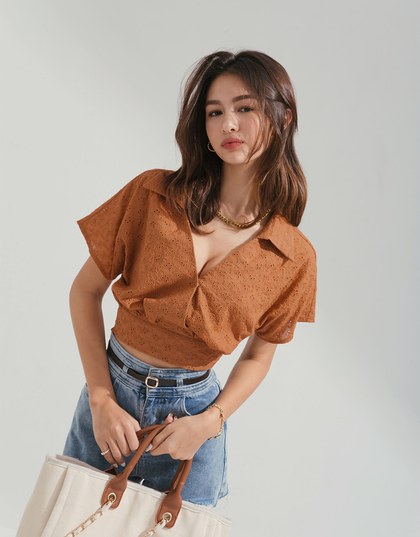 Embroidered Low-cut Lapel Crop Top
