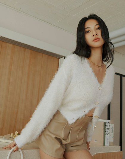 V Neck Gold Button Shoulder Padded Sweater