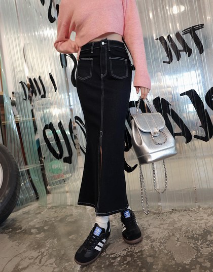 Front Slit Stitched Denim Jeans Maxi Skirt