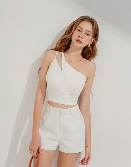 One-Shoulder Shirred Hemline Tank Top (With Padding)