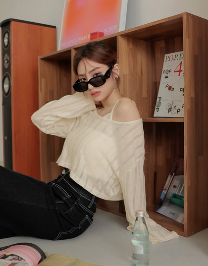 Two-Piece Sheer Vertical Stripe Tee Top