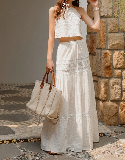 Lace Maxi Long Skirt With Elastic Waistline And Drawstring Tiered & Embroidery Beach Style