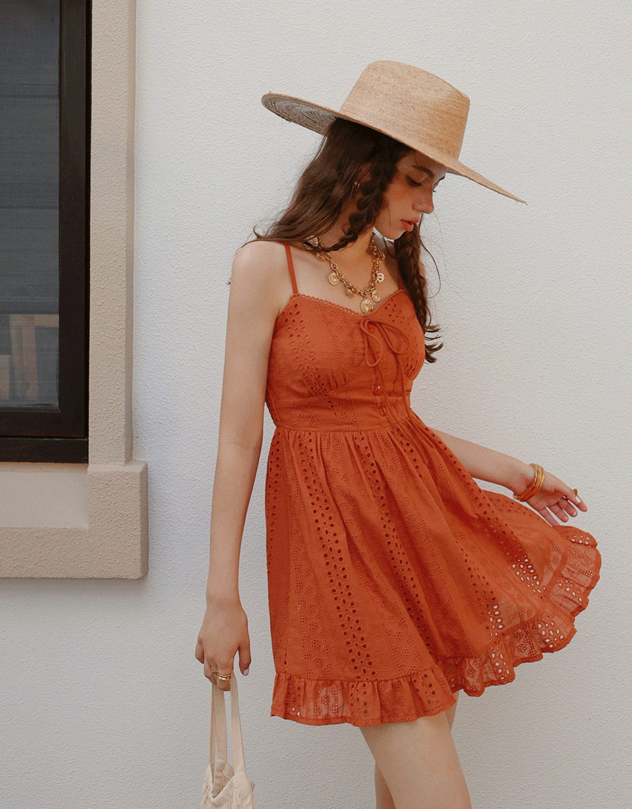 French Lace Thin Strap Mini Dress Embroidered Cotton