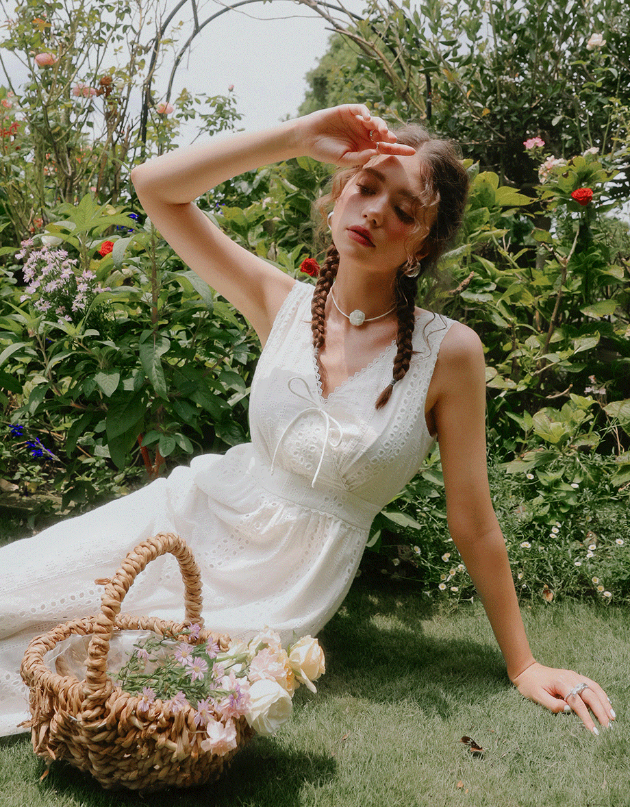 French Lace Embroidered Cotton Maxi Dress With Bow Tie