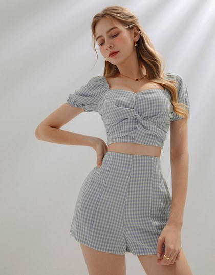 SET WEAR of TOP and SHORTS French Checkered Prints Twisted Design ( Cotton Synthetics)