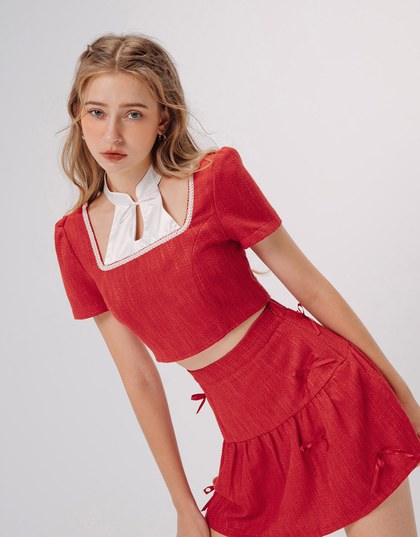 Qipao TOP Faux 2 Piece Tweed Cheongsam Qipao Top With Blouse Collar & Bow