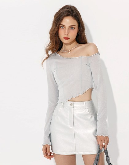 Glittery Sheer Asymmetrical Shoulder Top