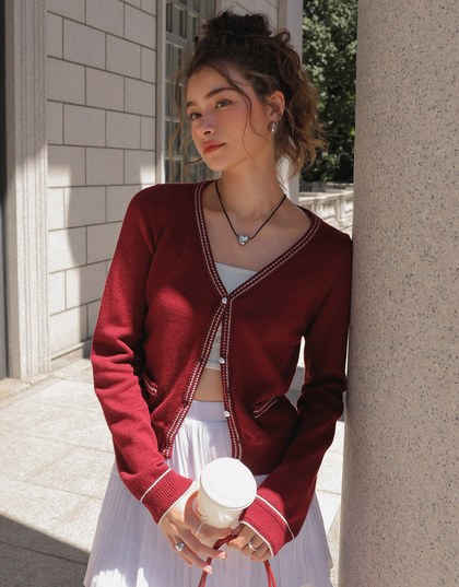 Preppy Knit Cardigan Top With Pearl Buttons