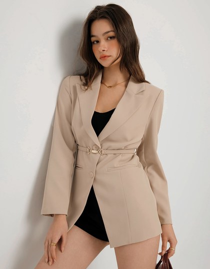 Long Sleeve Oversized Blazer (with Shoulder Pads and Detachable Belt)