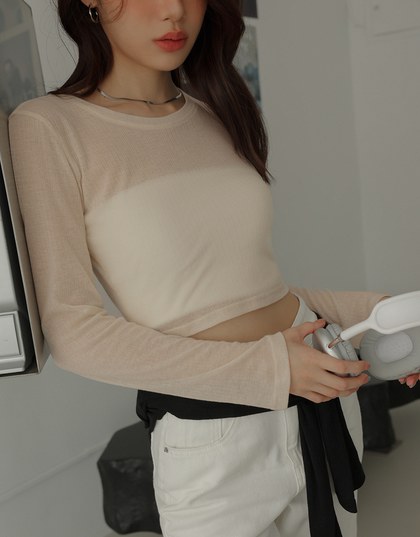 Sheer Knit Crop Long Sleeve Top