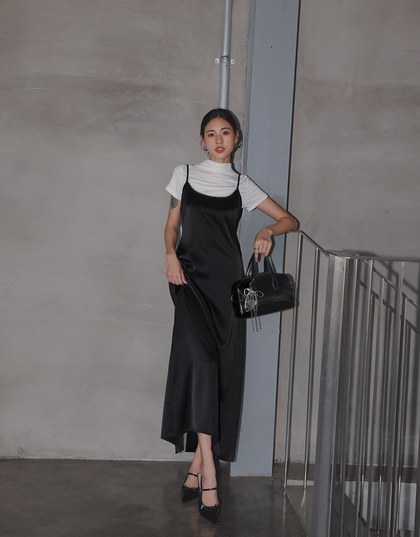 Lace Trim Satin Side Slits Maxi Dress