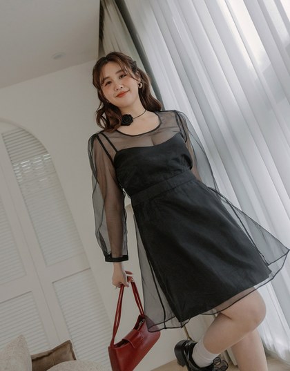 Sheer Back Tie Puff Sleeve Mini Dress