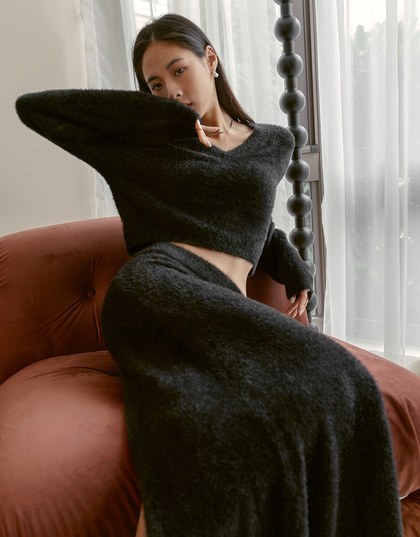 V Neck Fluffy Long Sleeve Top And Bodycon Slit Maxi Skirt Set Wear