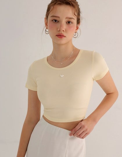 Ribbed Knit Crop Tee with Logo Heart Charm Accent