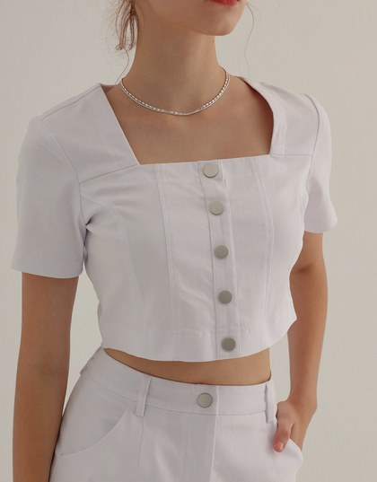 Square Neck Front Button Jeans Denim Cropped Top