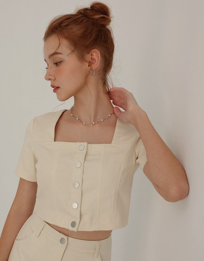 Square Neck Front Button Jeans Denim Cropped Top