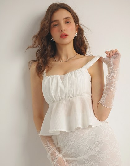 Striped Textured Wide Strap Flowy Crinkled Peplum Top