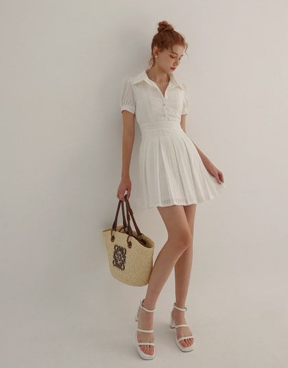 Burnout Lace Pleated Mini Dress With Classic Collar Detail