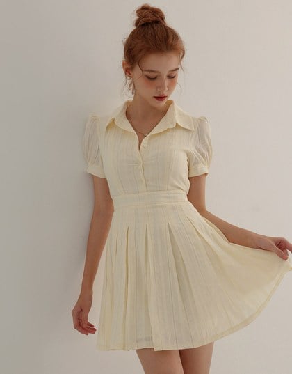 Burnout Lace Pleated Mini Dress With Classic Collar Detail