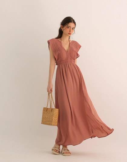 Elegant Boho V Neck Padded Maxi Dress with Crochet Detail