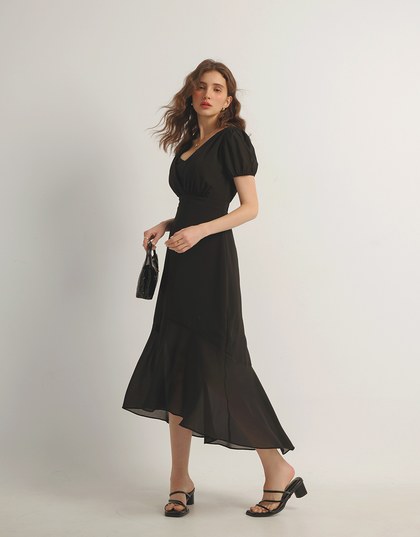 V Neck Sheer Puff Sleeve Padded Maxi Dress with Draped Asymmetrical Hemline