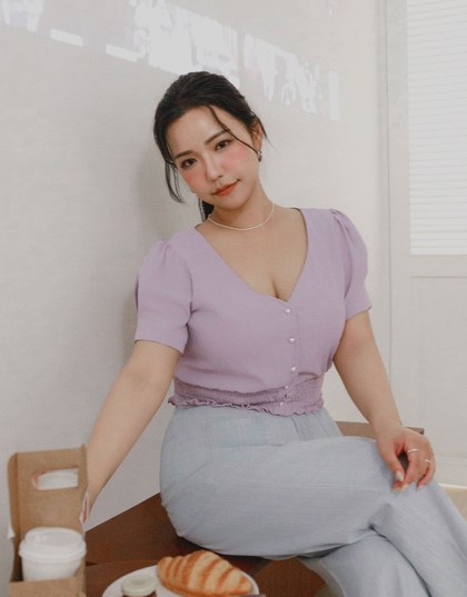 V Neck Ruched Crop Top With Pearl Button Detail