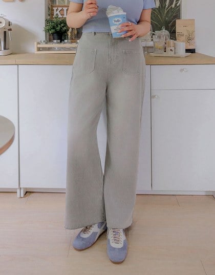 Jeans Denim Wide Leg Pants with Raw Hem and Patch Pockets