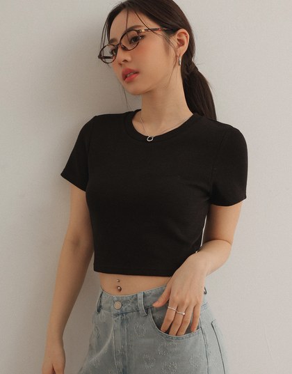 Waffle Knit Crew Neck Short Sleeve Top