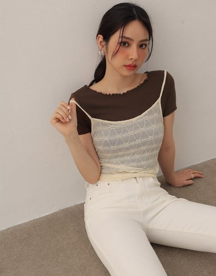 Basic Soft Ribbed Knit Fitted Crop Top with Lettuce Trim
