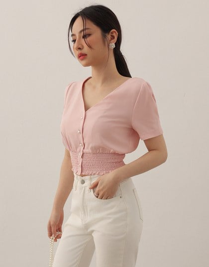 V Neck Ruched Crop Top With Pearl Button Detail