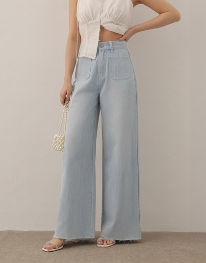 Jeans Denim Wide Leg Pants with Raw Hem and Patch Pockets