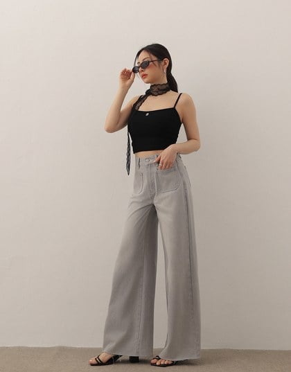Jeans Denim Wide Leg Pants with Raw Hem and Patch Pockets