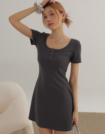 U Neck Solid Button Front Bodycon Flared Mini Dress